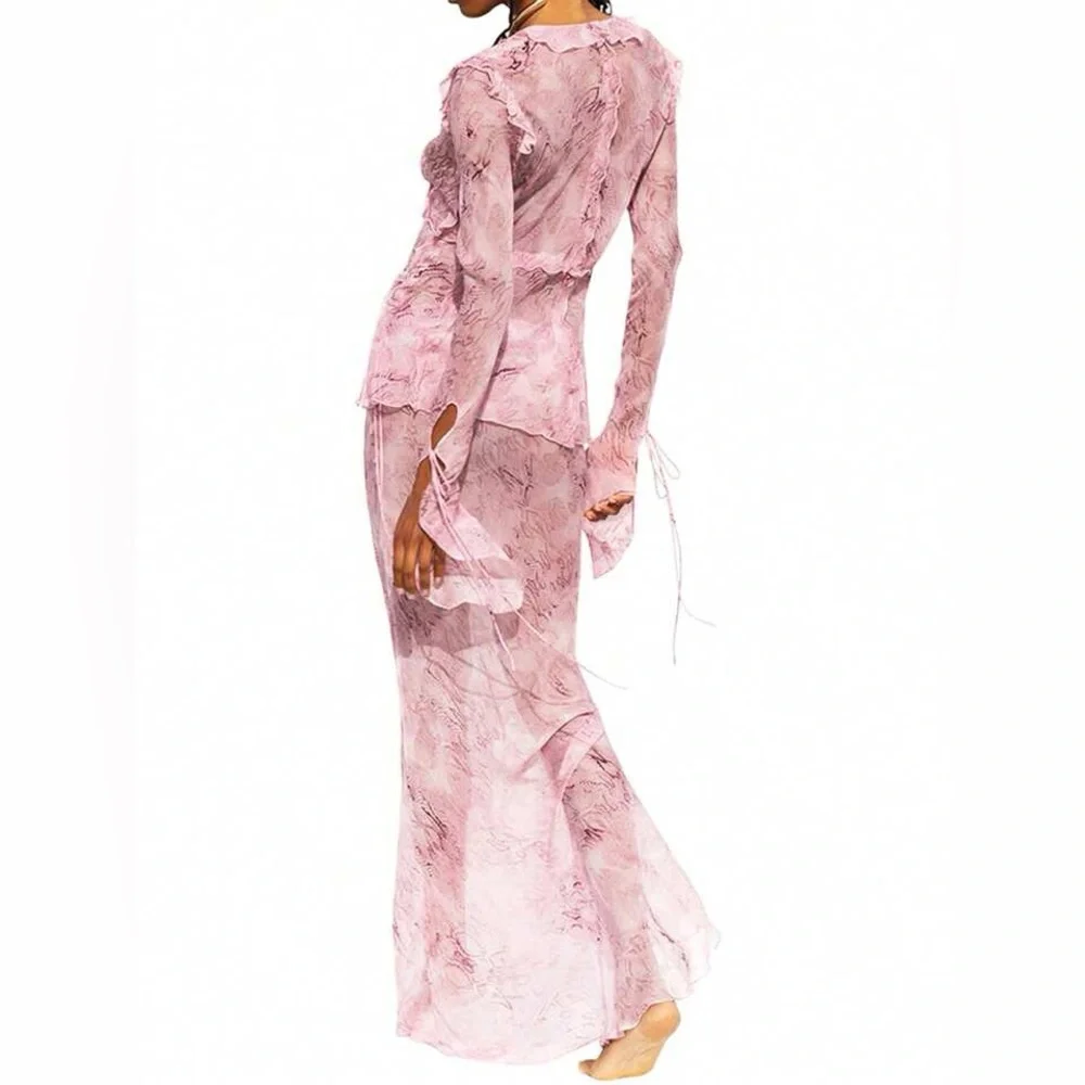Pink Tie-Front Top and Skirt Set never worn